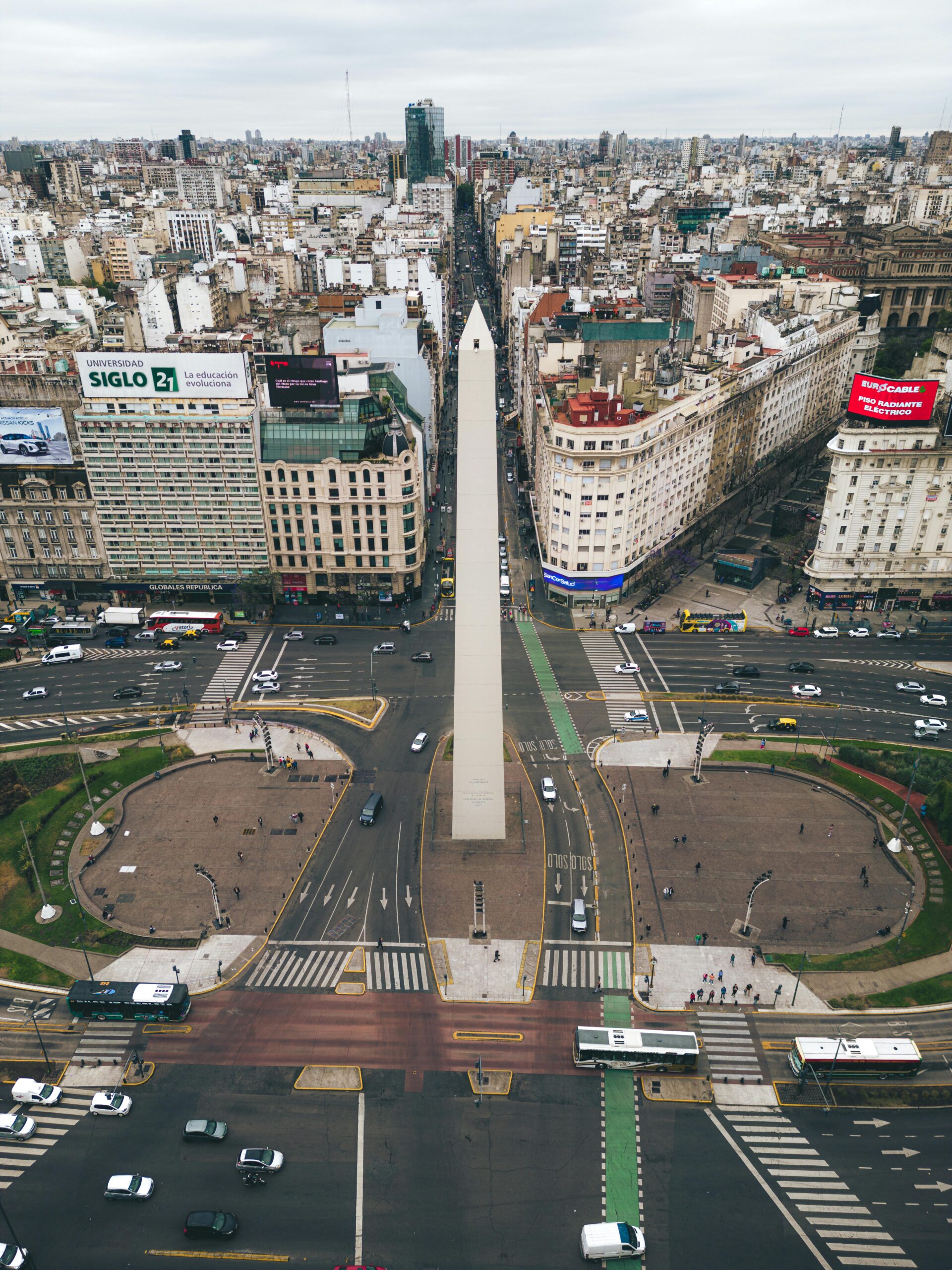 High-angle view of The Obelisk and surrounding cityscape in Buenos Aires, Argentina.